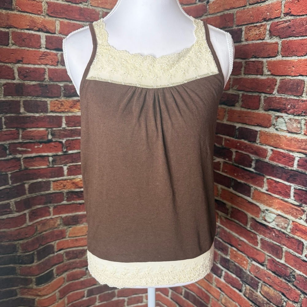 Brown and Cream Lace Trim Top
